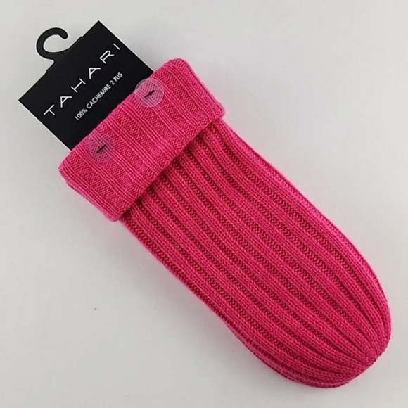 TAHARI Women's 100% 2 Ply Cashmere Hot Pink Ribbed Knit Mitts Size M/L - Picture 4 of 7